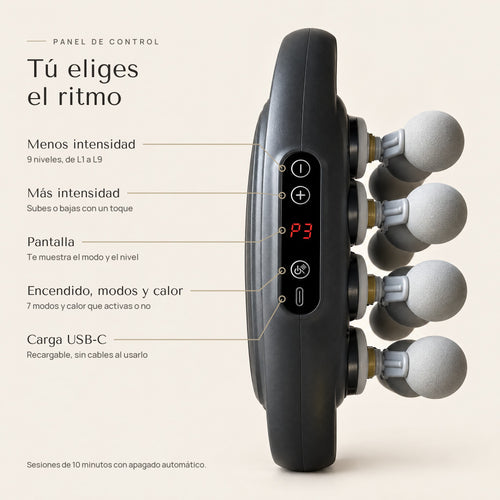 Panel de control del masajeador Kalma Body: intensidad, modos, calor y carga USB-C